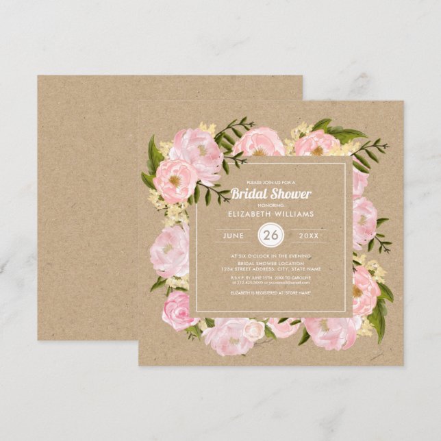 Blush Pink Peonie Kraft Paper Rustic Bridal Shower Invitation (Front/Back)