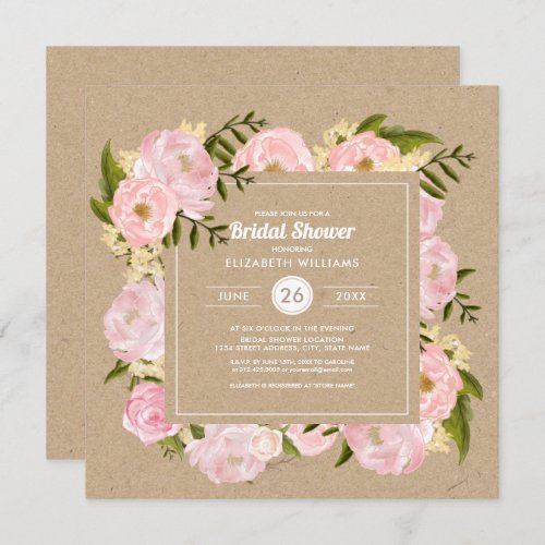 Blush Pink Peonie Kraft Paper Rustic Bridal Shower Invitation