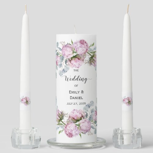 Blush Pink Peonies and Greenery Wedding  Unity Candle Set