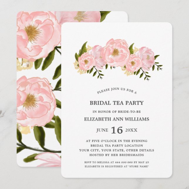 Blush Pink Peonies Bridal Tea Party Invitation (Front/Back)