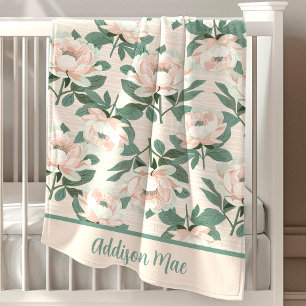 Blush Pink Peonies Floral Personalized Baby Girl Blanket