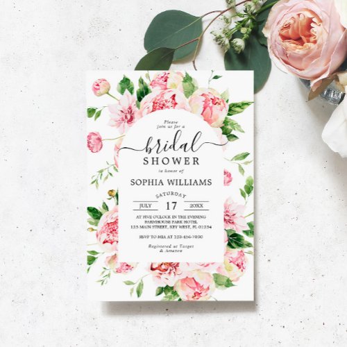 Blush Pink Peonies Flowers Bridal Shower Invitation
