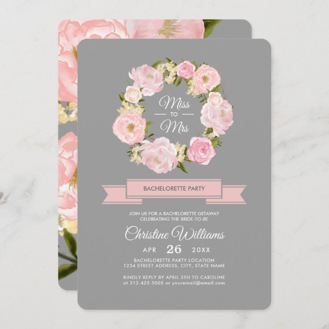 Blush Pink Peonies Gray Bachelorette Party  Invitation (Front/Back)