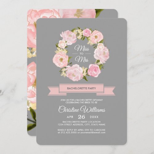 Blush Pink Peonies Gray Bachelorette Party  Invitation