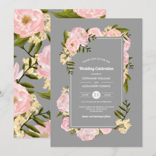 Blush Pink Peonies Gray Watercolor Wedding Invitation (Front/Back)