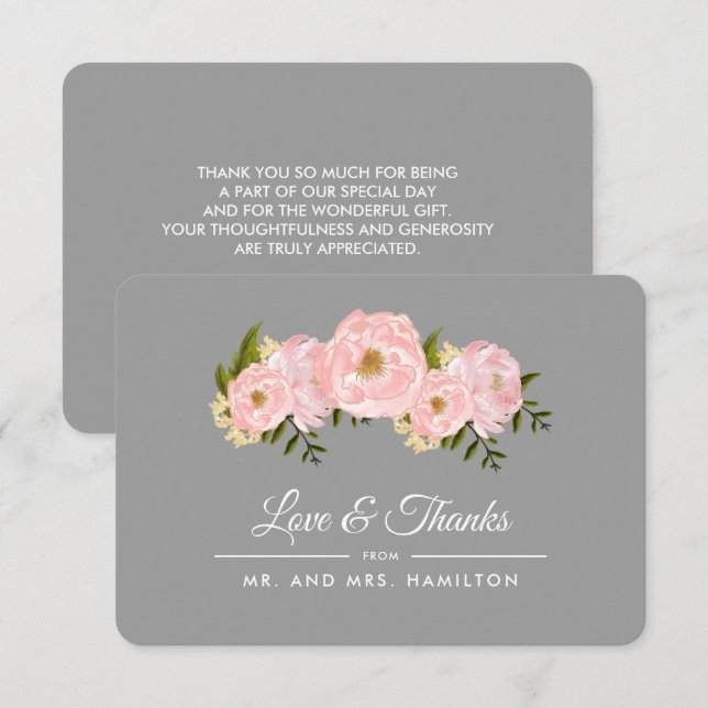 Blush Pink Peonies Gray Wedding Thank You Card (Front/Back)