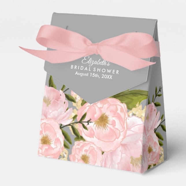 Blush Pink Peonies Grey Bridal Shower Favor Boxes (Front Side)