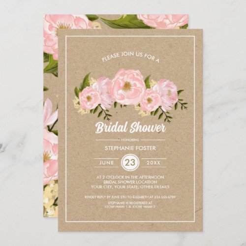 Blush Pink Peonies Kraft Paper Bridal Shower Invitation