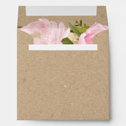 Blush Pink Peonies Kraft Paper Rustic Wedding Envelope