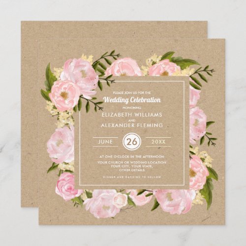 Blush Pink Peonies Kraft Paper Rustic Wedding Invitation