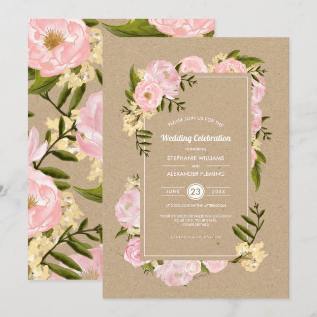 Blush Pink Peonies Kraft Paper Rustic Wedding Invitation (Front/Back)
