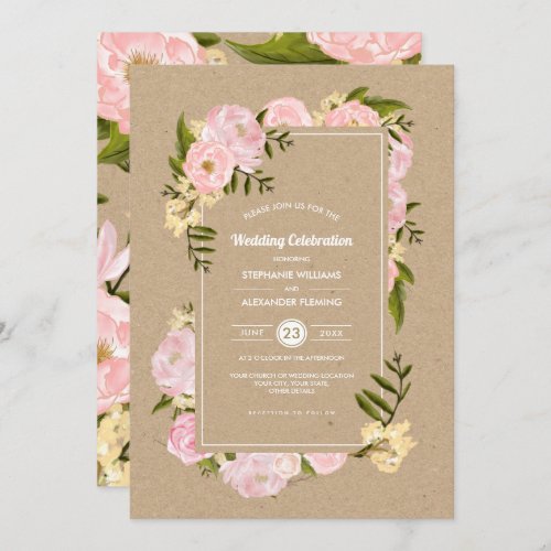 Blush Pink Peonies Kraft Paper Rustic Wedding Invitation