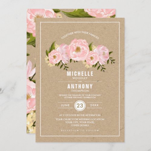 Blush Pink Peonies Kraft Paper Rustic Wedding Invitation