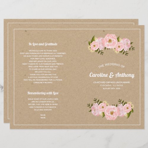 Blush Pink Peonies Kraft Paper Wedding Program