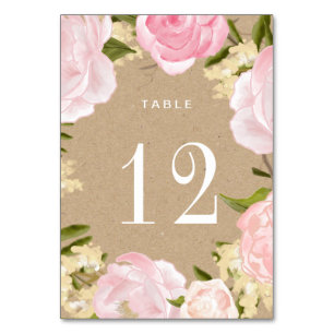 Blush Pink Peonies Kraft Paper Wedding Table Number