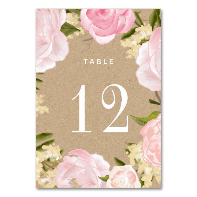 Blush Pink Peonies Kraft Paper Wedding Table Number (Front)