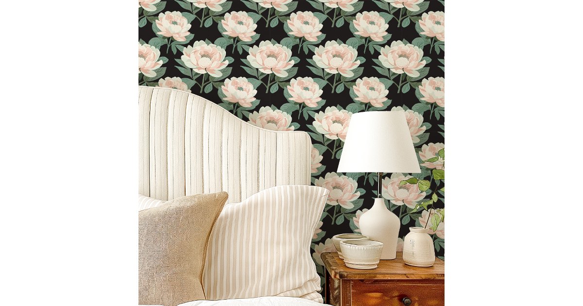 Blush Pink Peonies On Black Floral Wallpaper | Zazzle
