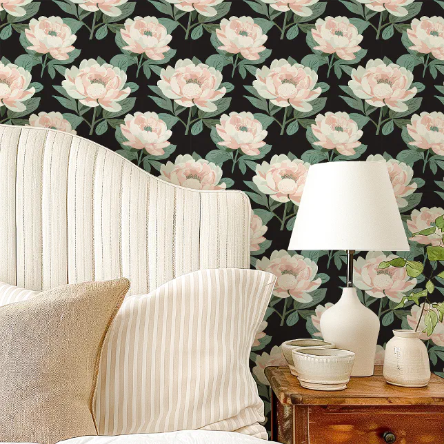 Blush Pink Peonies On Black Floral Wallpaper | Zazzle