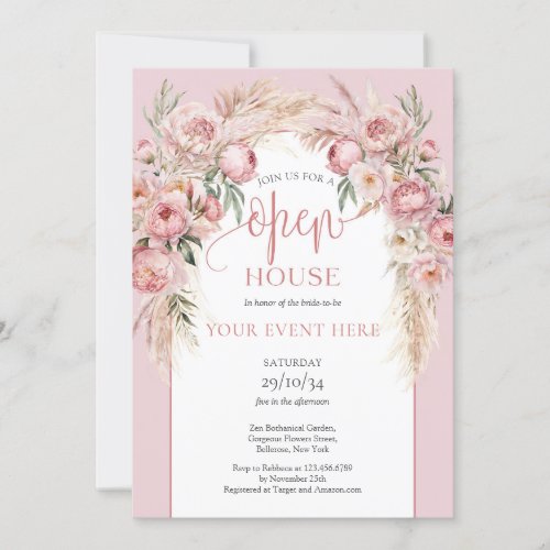Blush pink peonies pampas boho arch Open House Invitation