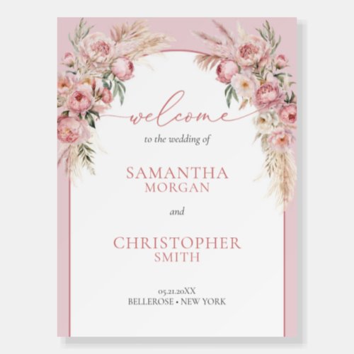 Blush pink peonies pampas boho arch welcome sign