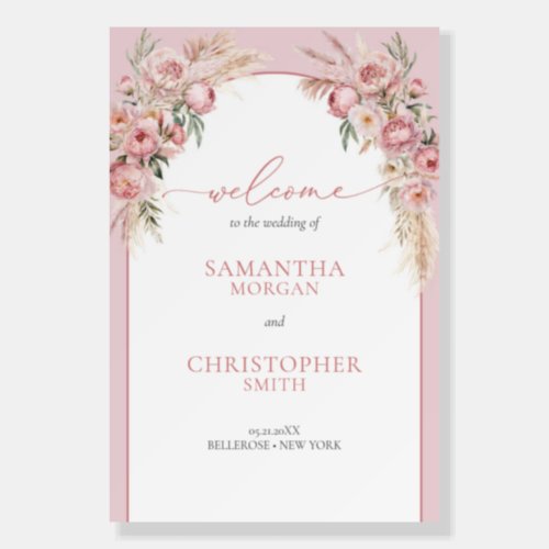 Blush pink peonies pampas boho arch welcome sign
