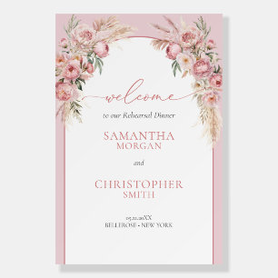 Blush pink peonies pampas boho arch welcome sign