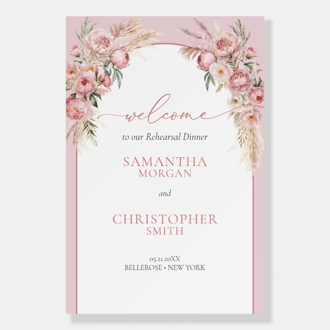 Blush pink peonies pampas boho arch welcome sign (Front)