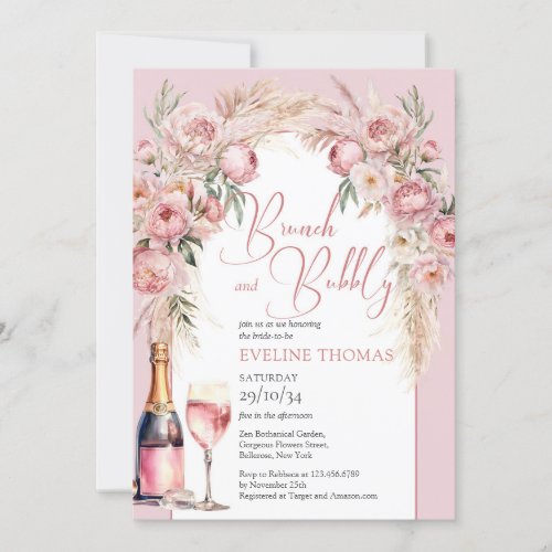 Blush pink peonies pampas boho brunch and bubbly  invitation
