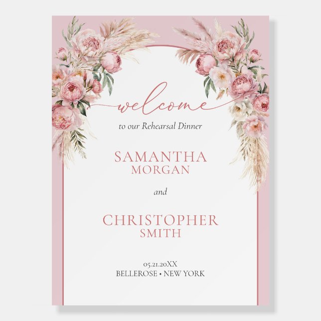 Blush pink peonies pampas welcome rehearsal foam board (Front)