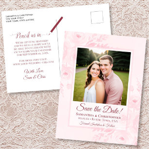 Blush Pink Peonies & Photo Wedding Save the Date Announcement Postcard