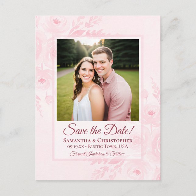 Blush Pink Peonies & Photo Wedding Save the Date Announcement Postcard (Front)