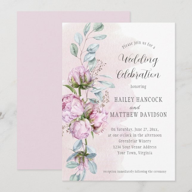 Blush Pink Peonies, Pink Wash, Greenery Wedding Invitation (Front/Back)