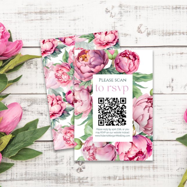 Blush Pink Peonies QR CODE Wedding RSVP Card (Creator Uploaded)