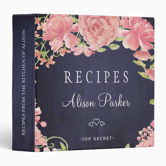 Blush pink peonies roses navy rustic recipes 3 ring binder (Front/Spine)