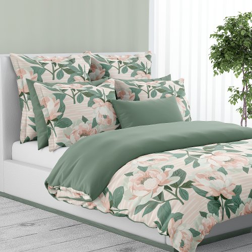 Blush Pink Peonies Sage Green Floral Duvet Cover