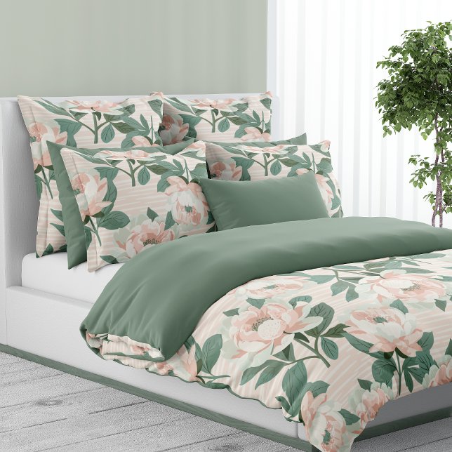 Blush Pink Peonies Sage Green Floral  Duvet Cover (Creator Uploaded)