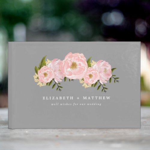 Blush Pink Peonies Watercolor Gray Wedding  Guest Book