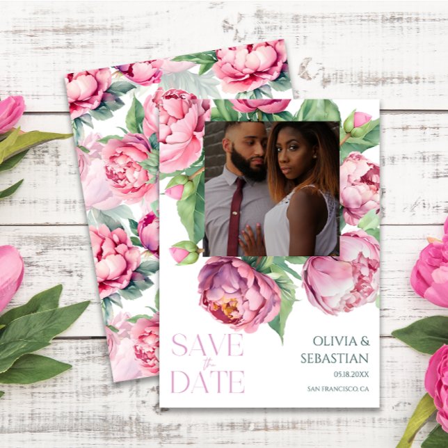Blush Pink Peonies Watercolor Photo Wedding Save The Date (Creator Uploaded)