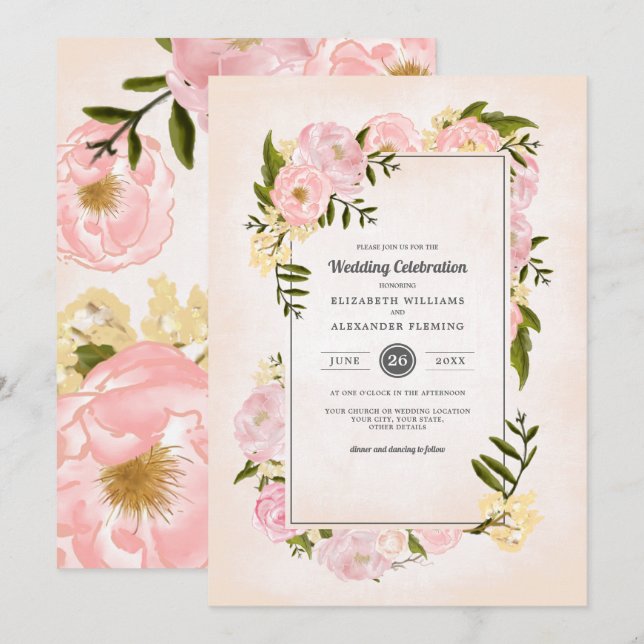 Blush Pink Peonies Watercolor Wedding Invitation (Front/Back)
