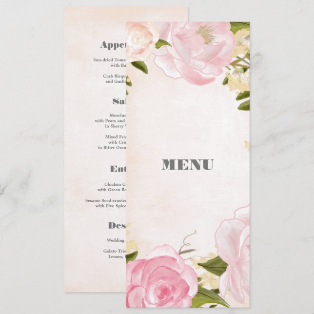Blush Pink Peonies Watercolor Wedding Menu Card (Front/Back)
