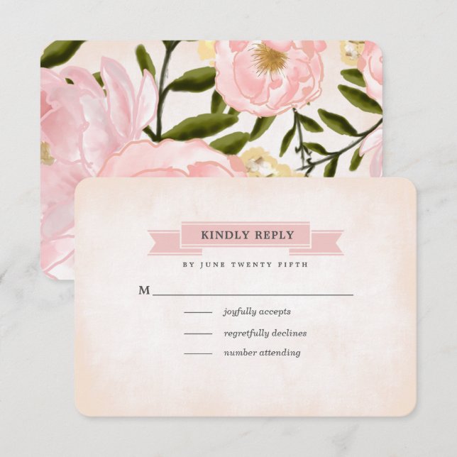 Blush Pink Peonies Watercolor Wedding RSVP Cards (Front/Back)