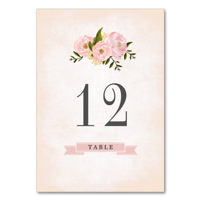 Blush Pink Peonies Watercolor Wedding  Table Number (Front)