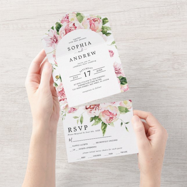 Blush Pink Peonies Wedding All In One Invitation (Tearaway)