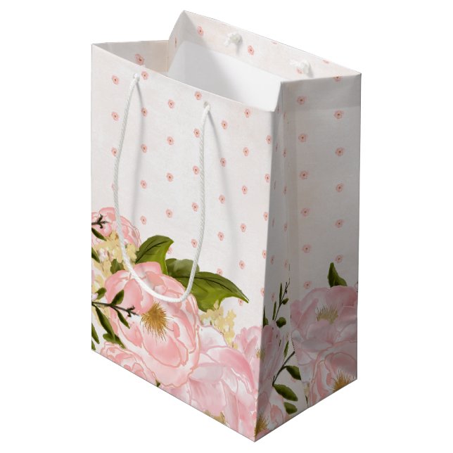 Blush Pink Peonies Wedding Favor Bags (Front Angled)