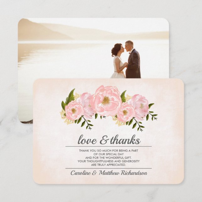 Blush Pink Peonies Wedding Thank You Photo Card (Front/Back)