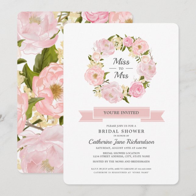 Blush Pink Peonies Wreath Bridal Shower  Invitation (Front/Back)