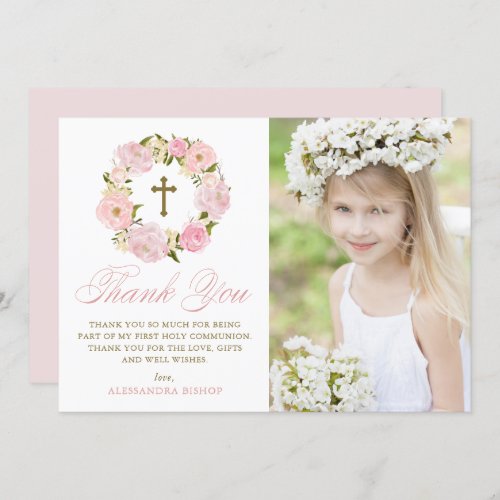 Blush Pink Peonies Wreath First Holy Communion Thank You Card