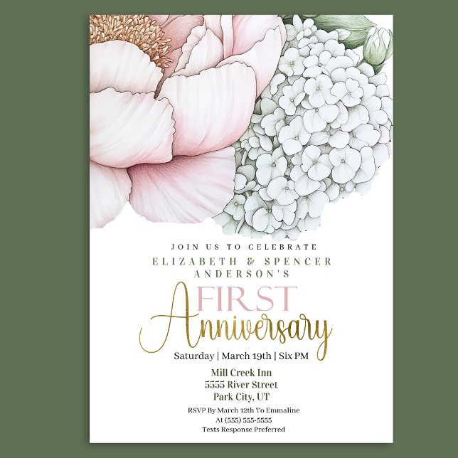 Blush Pink Peony 1st Wedding Anniversary Invitation (Creator Uploaded)