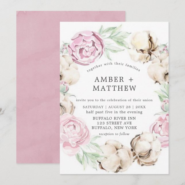 Blush Pink Peony and Cotton Wedding Invitations  (Front/Back)