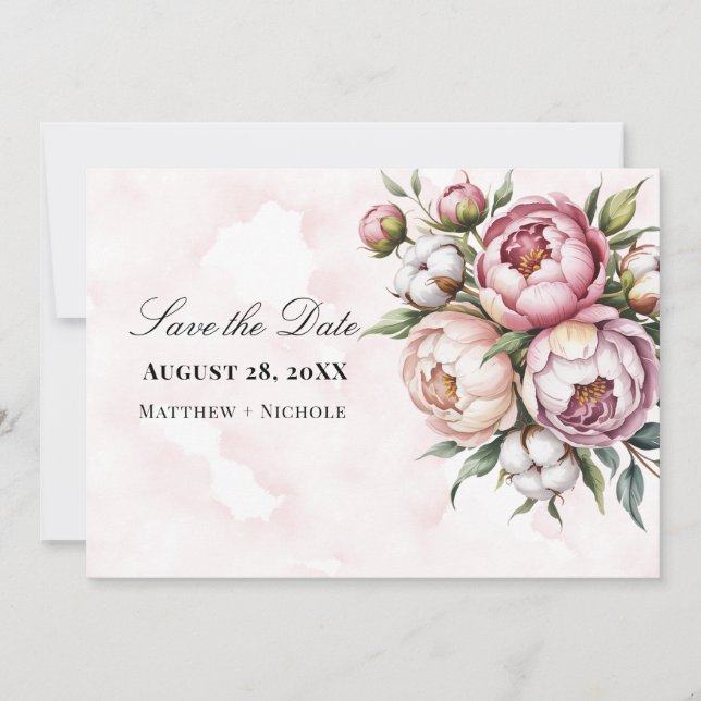 Blush Pink Peony and Cotton Wedding Save The Date (Front)